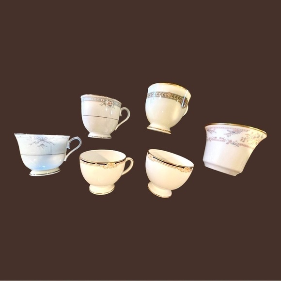 6 CHINA CUPS. NORITAKE, SILK RIBBONS, GOTHAM, MASTERPIECE COLLECTION & MORE
